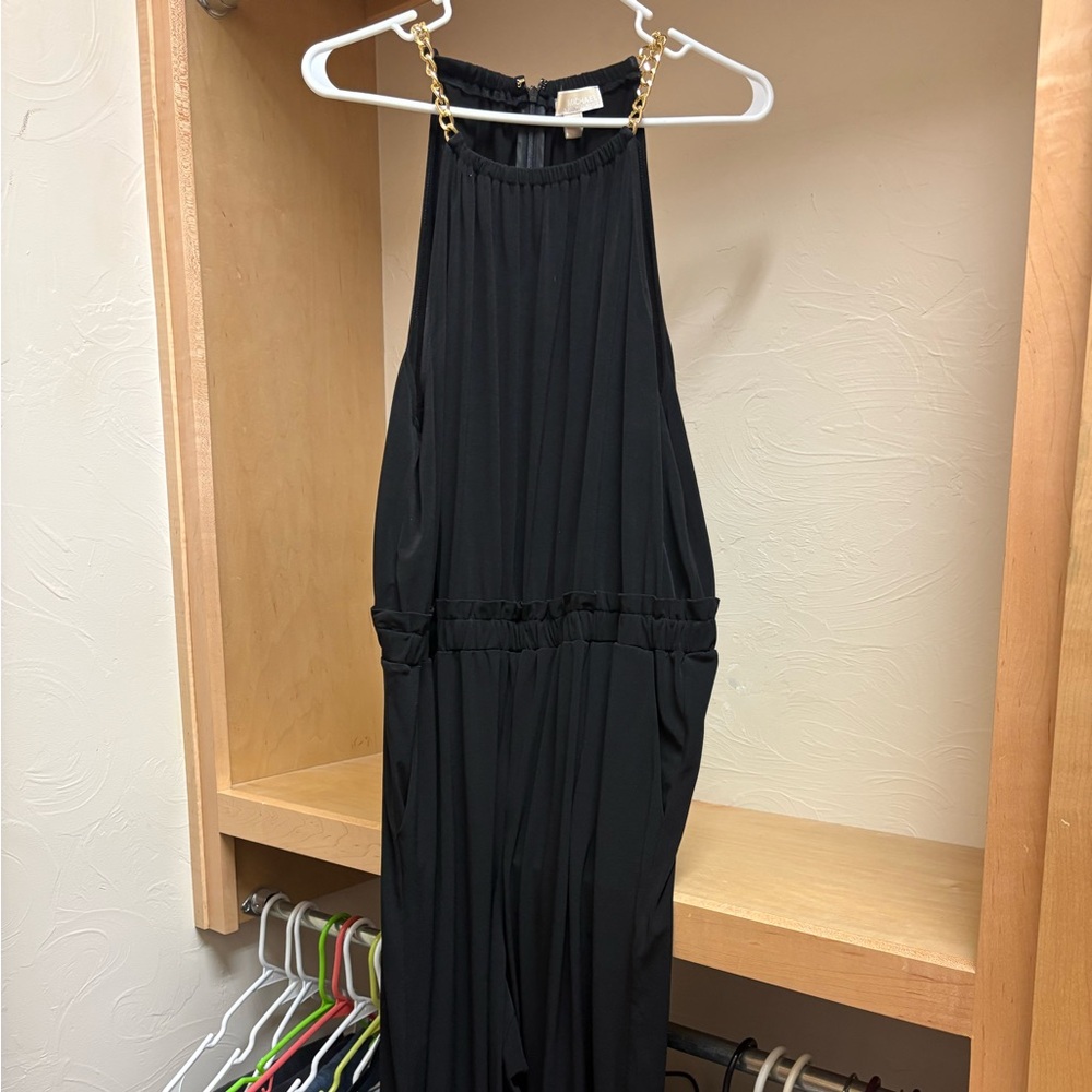 Michael Kors Black Sleeveless Wide-Leg Jumpsuit with Gold Chain Detail